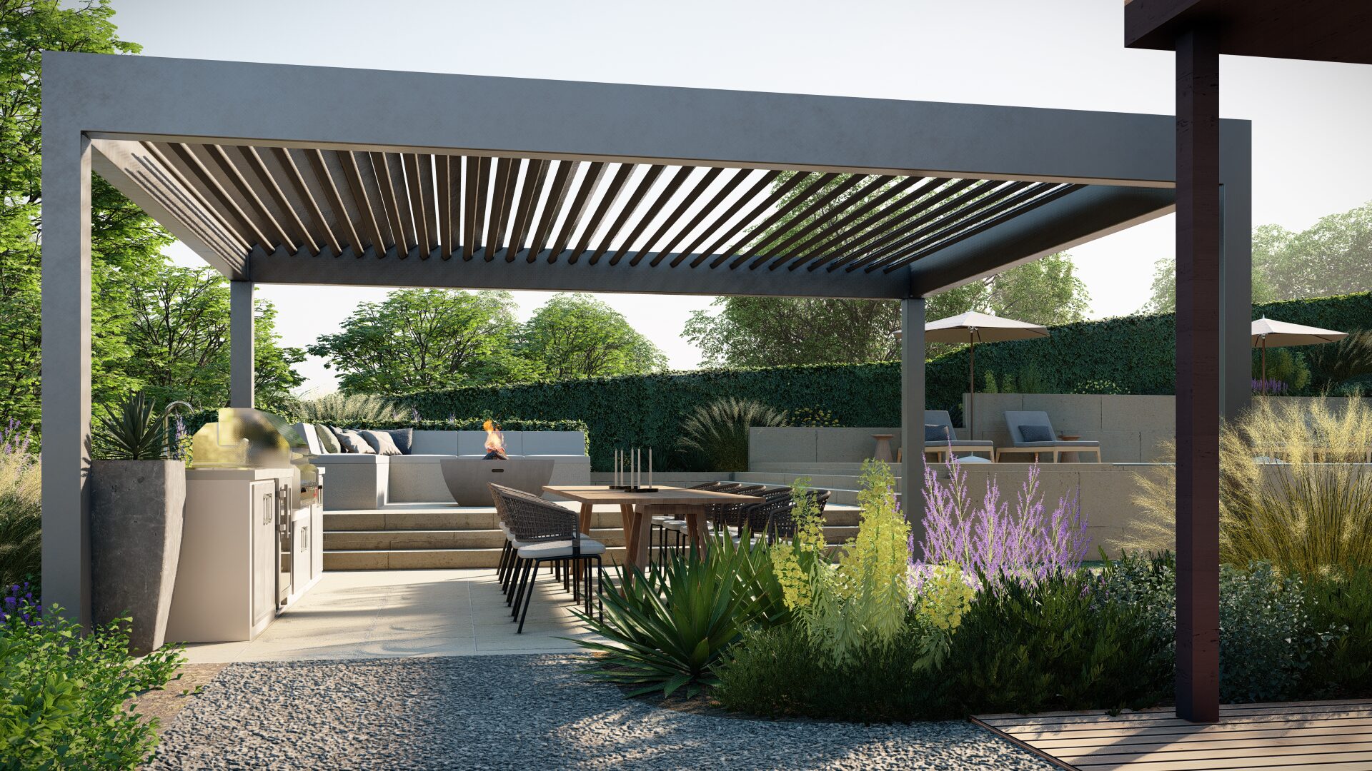 Outdoor kitchen and dining pavilion with fireplace lounge