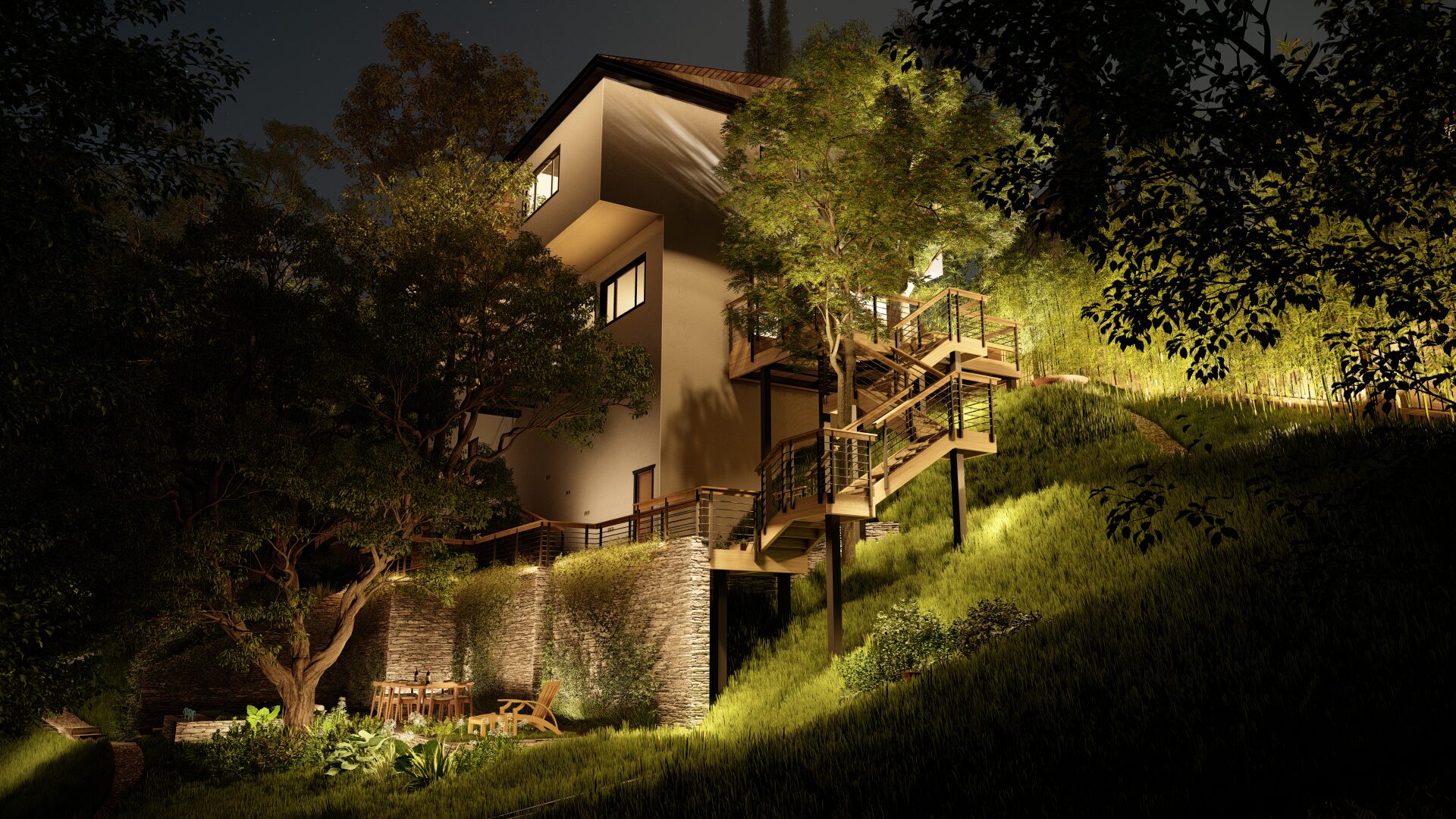 Hollywood Hills hillside retreat with preserved trees and terraced decks