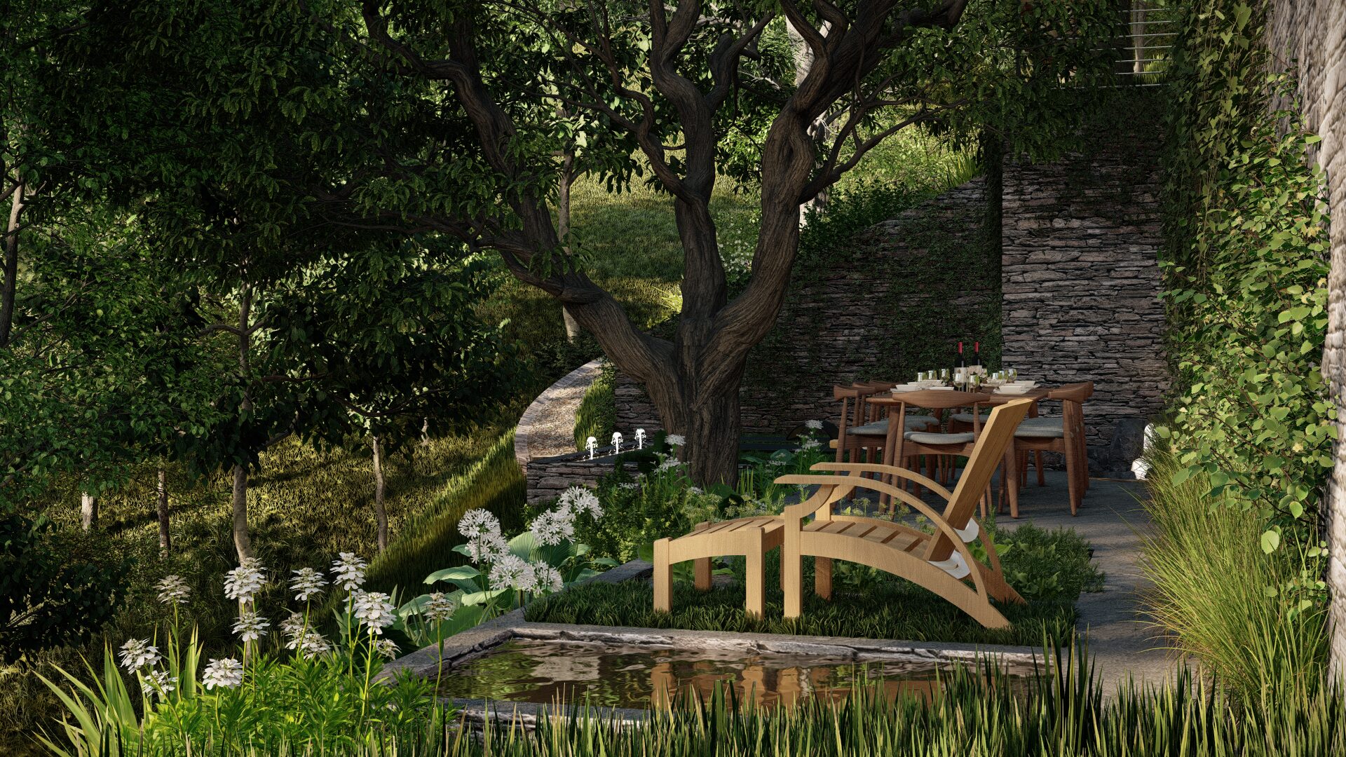 Outdoor dining terrace under tree canopy with hillside views