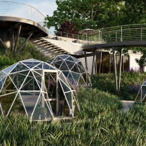 Geodesic garden pod with edible landscape at Hillcrest Avenue