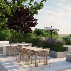 Cantilevered deck with outdoor kitchen and sculptural fire feature