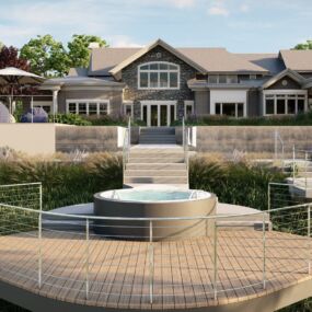 Floating spa and hillside terrace with drought-tolerant planting