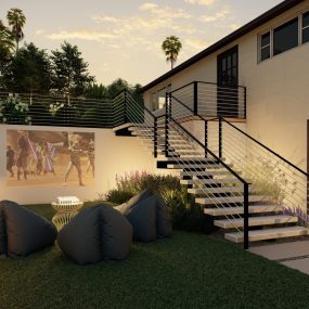 Evening lighting highlighting terraces and family outdoor theater