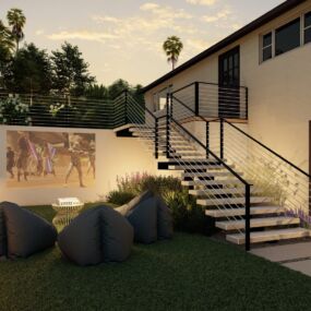 Evening lighting highlighting terraces and family outdoor theater