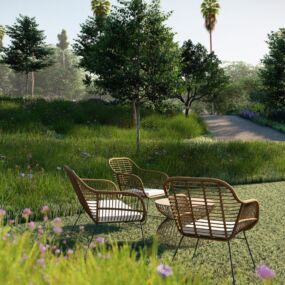 Front yard soccer field with terraced seating and perimeter gardens