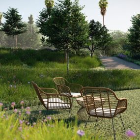 Front yard soccer field with terraced seating and perimeter gardens