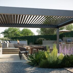 Outdoor kitchen and dining pavilion with fireplace lounge