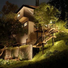 Hollywood Hills hillside retreat with preserved trees and terraced decks