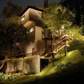 Hollywood Hills hillside retreat with preserved trees and terraced decks