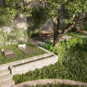 Yoga and meditation space with wall fountain in hillside garden