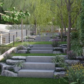 Front yard park-like setting with softened planting and paving