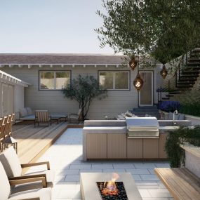 Outdoor kitchen and dining terrace with olive trees in Beverly Hills