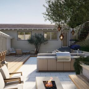 Outdoor kitchen and dining terrace with olive trees in Beverly Hills