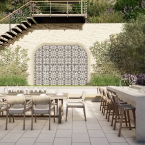 Patterned tile water wall with hovering overlook deck at El Roble Drive