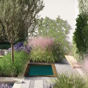 Cold plunge and fire pit lounge integrated into hillside garden