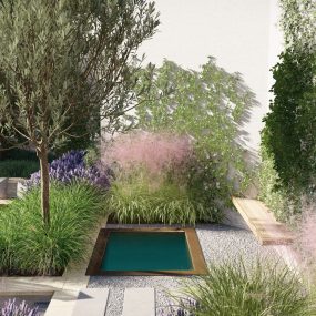 Cold plunge and fire pit lounge integrated into hillside garden